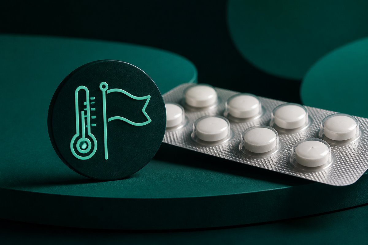 Fever flag beside a Deltasone 10 mg blister