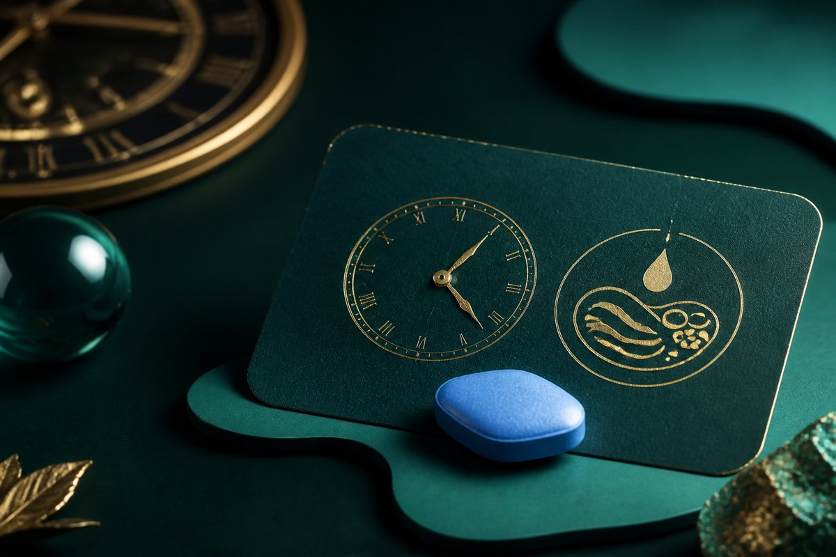 Clock and fatty-meal outline beside 25-50 mg sildenafil